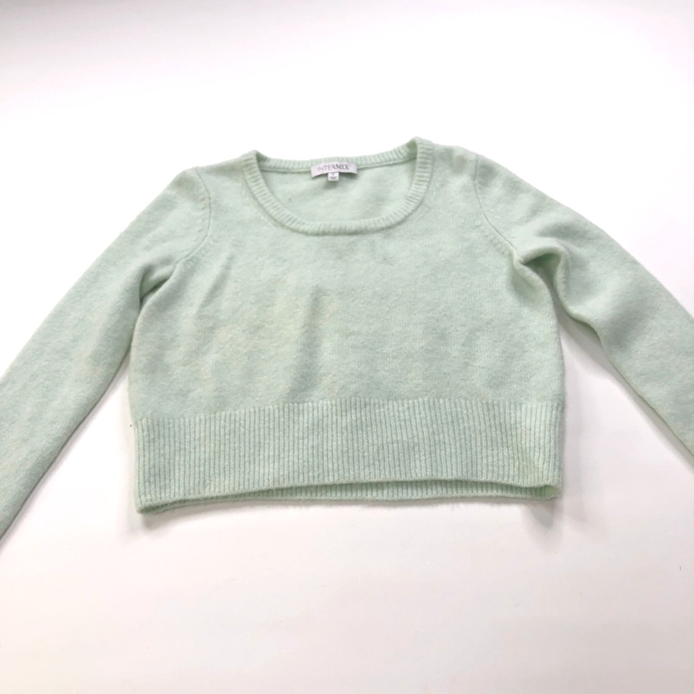 Intermix Wool Cashmere OS Petite Scoop Crop Pullover Sweater Green PLS READ